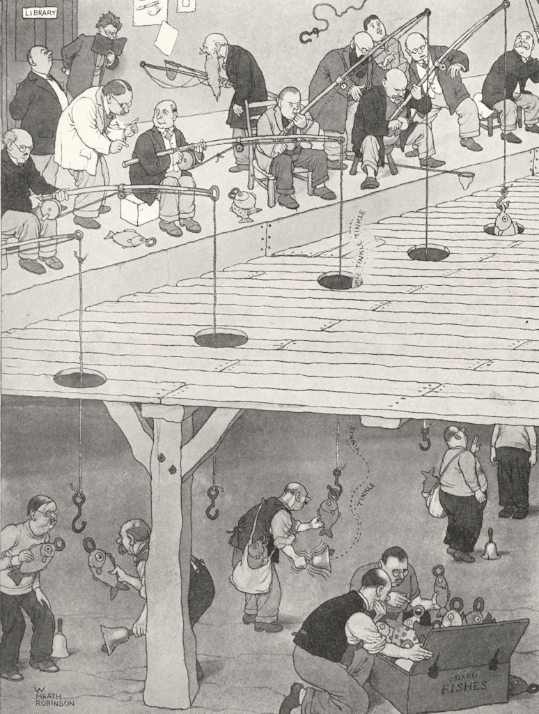 HEATH ROBINSON. A new method of teaching would-be anglers to angle. Fishing 1935